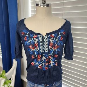 Hollister Blue Shirt Embroidered Flowers Sz Small